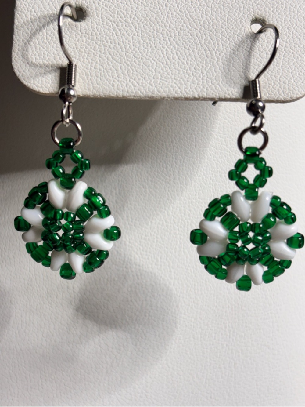 Artisan Green and White Beaded Drop Pierced Earrings 2 inches
